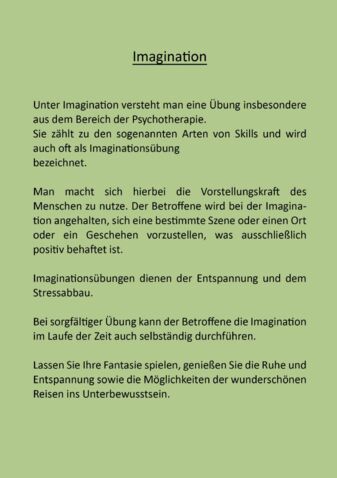 Bild zeigt die Rückseite vom Cover Imaginations-Arbeits-Heft (Text auf hellgrünem Hintergrund)