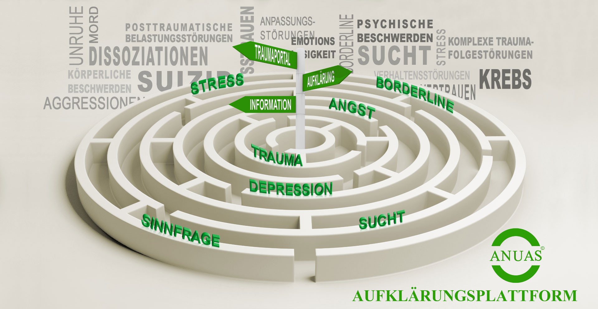 Grafik zeigt ein Labyrinth welches mit den Auswirkungen von Traumata in Worten beschriftet ist